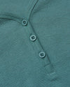 Womens Stormcloud Waffle Long Sleeve Boxy Henley, close-up of buttoned neckline.