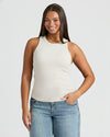 Womens Oatmeal Ribbed High Neck Tank styled with mid-wash jeans. MODEL_INFO: Jade is 5'9", wearing a size L