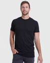 Black tall straight hem t-shirt on male model with short sleeves and crew neck.