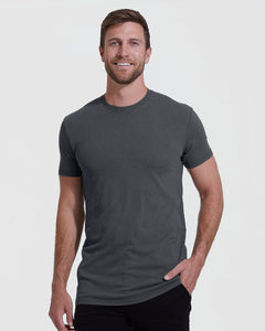 True ClassicCharcoal gray tall straight hem short sleeve t-shirt on male model.