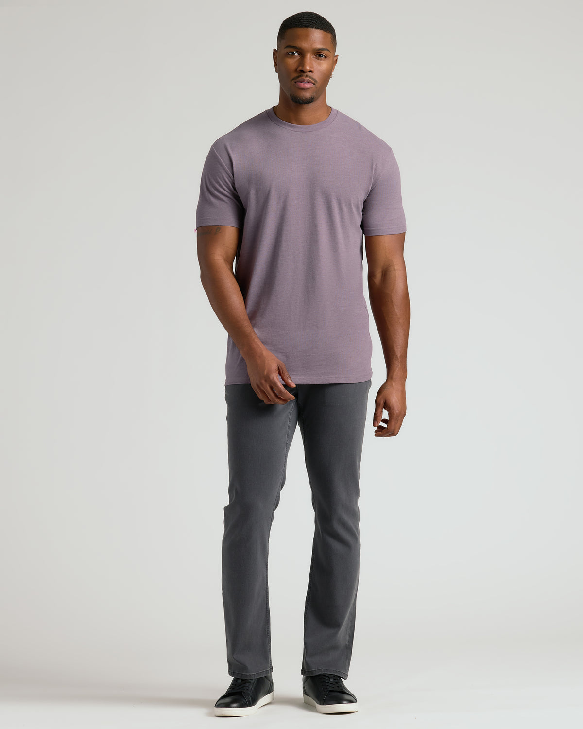 Man wearing Dark Heather Amethyst Tall Straight Hem Crew Neck T-Shirt.
