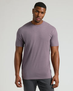 True ClassicMan wearing Dark Heather Amethyst Tall Crew Neck T-Shirt, straight hem.