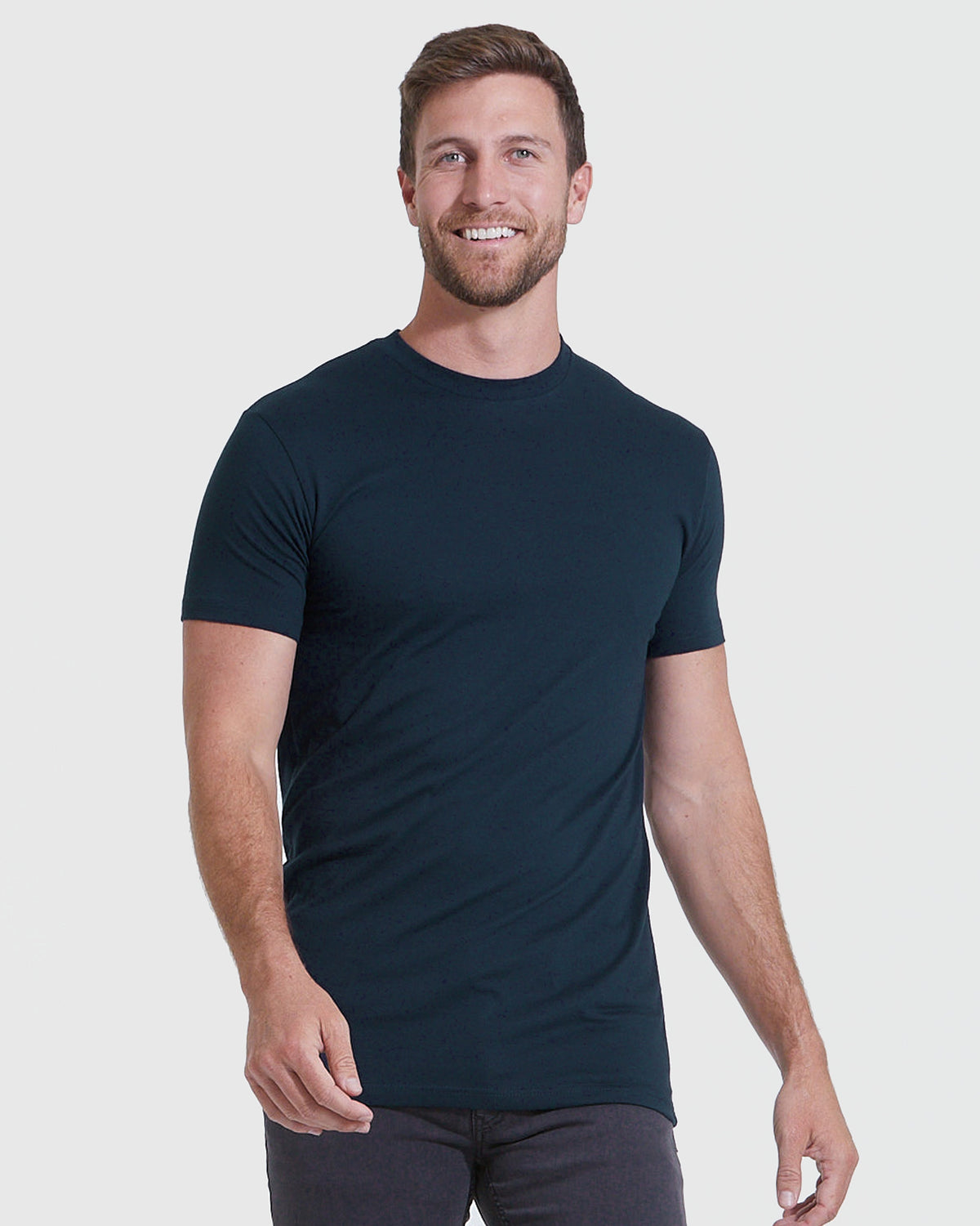 Young man in Navy Tall Straight Hem Crew Neck T-Shirt.