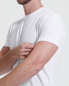 True ClassicMan wearing All-White Tall Straight Hem Crew Neck T-Shirt, adjusting sleeve.