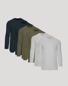 True ClassicFour long-sleeve shirts in navy, green, and gray on a light gray background