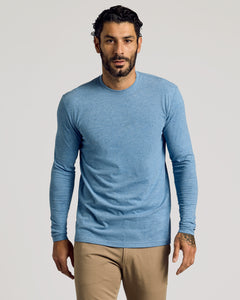 True ClassicHeather Indigo Tall Long Sleeve T-Shirt with khaki pants, tattoo visible.