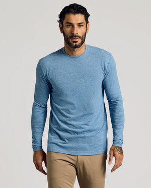 Heather Indigo Tall Long Sleeve T-Shirt with khaki pants, tattoo visible.