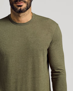 True ClassicHeather Military Green Tall Long Sleeve T-Shirt on man, emphasizing fit.