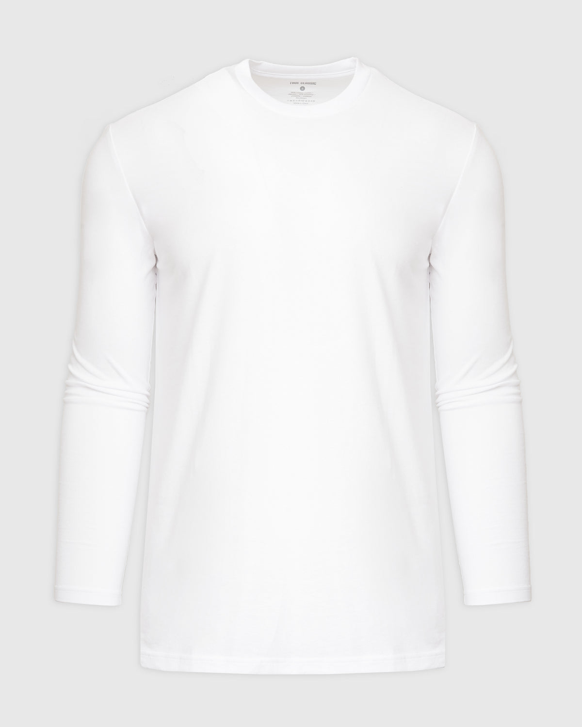 White Tall Long Sleeve T-Shirt laid flat on a gray background.