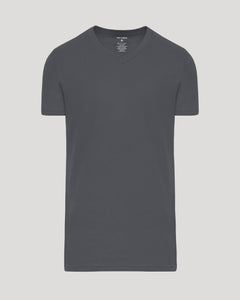 True ClassicCarbon Tall Short Sleeve Classic V-Neck laid flat, highlighting tailored fit.