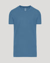 Indigo Tall Short Sleeve Classic V-Neck laid flat, showcasing fitted style.