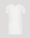 White Tall Short Sleeve Classic V-Neck laid flat, showcasing its tailored design.