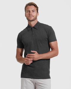 True ClassicCharcoal Heather Gray Short Sleeve Tall Polo on model, showcasing fit.
