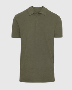 True ClassicHeather Military Green Short Sleeve Tall Polo laid flat, showcasing classic design.