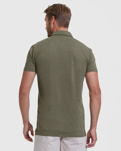 True ClassicHeather Military Green Short Sleeve Tall Polo on model, back view.
