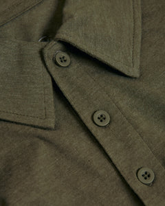 True ClassicHeather Military Green Short Sleeve Tall Polo with folded collar and buttons.