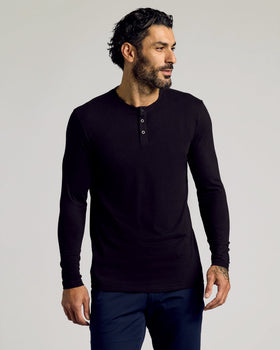 Black Tall Classic Long Sleeve Henley on male model, showcasing fit and style.