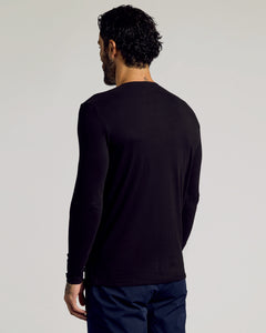 True ClassicBlack Tall Classic Long Sleeve Henley on man, showcasing fit and length.