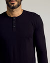 Black Tall Classic Long Sleeve Henley with button placket, worn by bearded man.