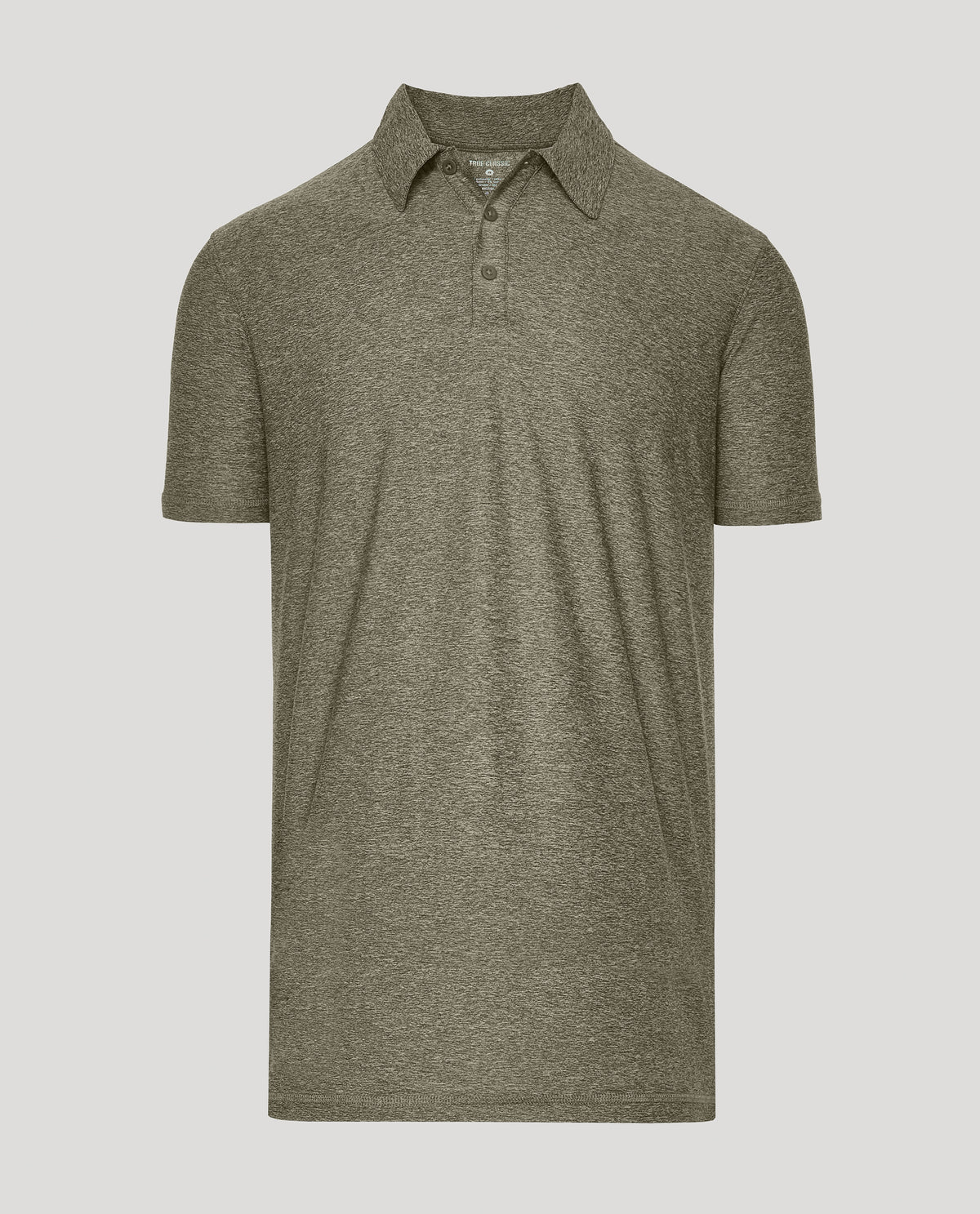 Heather Military Green Short Sleeve Tall Active Polo, featuring a classic collar and three-button placket.