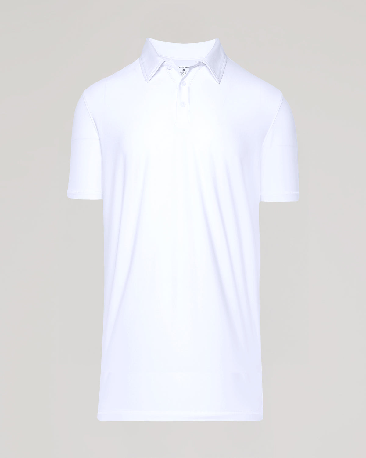 White Short Sleeve Tall Active Polo with fold-over collar and three-button placket.