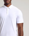 Man wearing White Tall Active Polo, showcasing collar and placket.