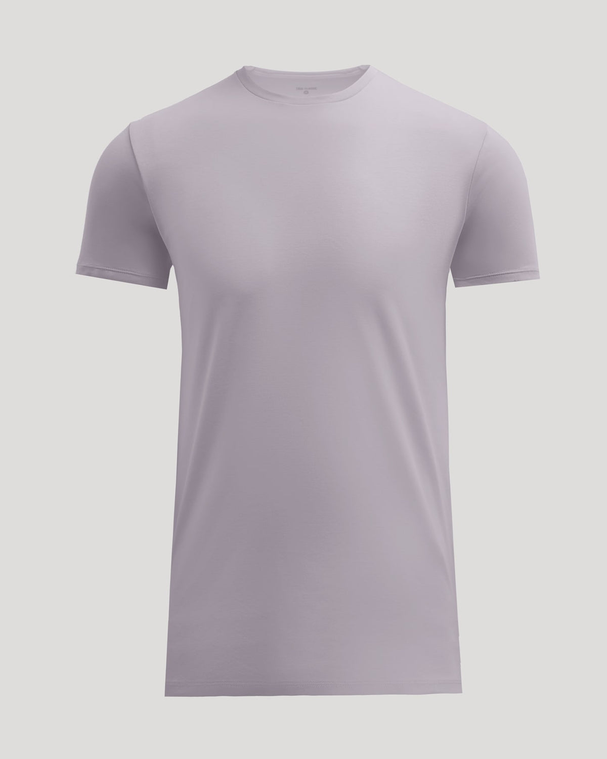 A light lavender crew-neck short-sleeve t-shirt displayed on a neutral light gray background.