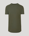 Military Green Short Sleeve Tall Curved Hem Crew on neutral backdrop.