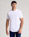 Young man models All White Short Sleeve Tall Curved Hem Crew.