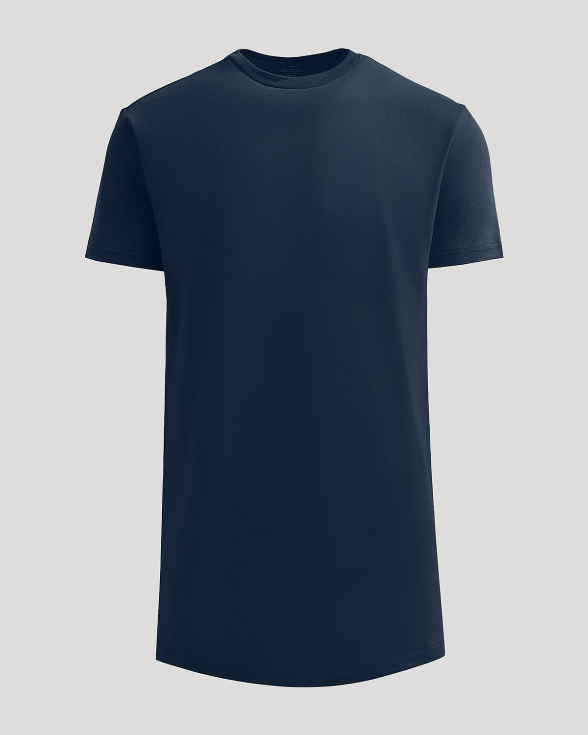 Navy Tall Heavyweight Curved Hem Crew displaying a solid navy blue color with a crew neckline, short sleeves, and a slightly longer curved hem for a modern fit.