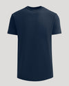 Front view of a navy blue men's basics t-shirt with a curved hem and crew neckline, styled as the Navy Heavyweight Curved Hem Crew.