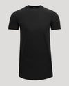 Black t-shirt with a logo on a light gray background