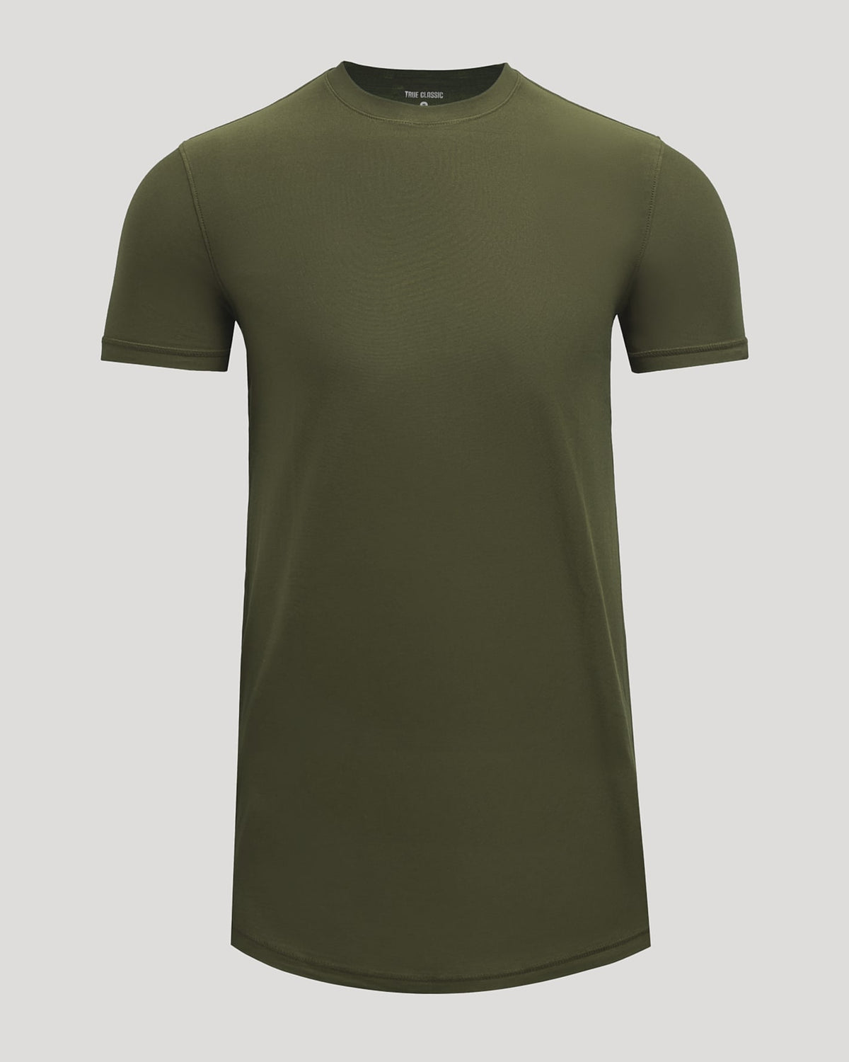 Black t-shirt with a logo on a light gray background