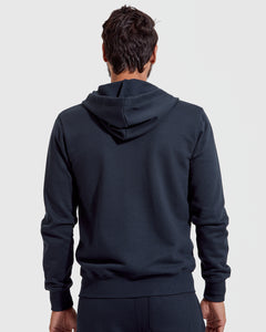 True ClassicNavy Fleece French Terry Zip Hoodie's back view.