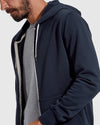 Man wearing Navy Fleece French Terry Zip Hoodie.