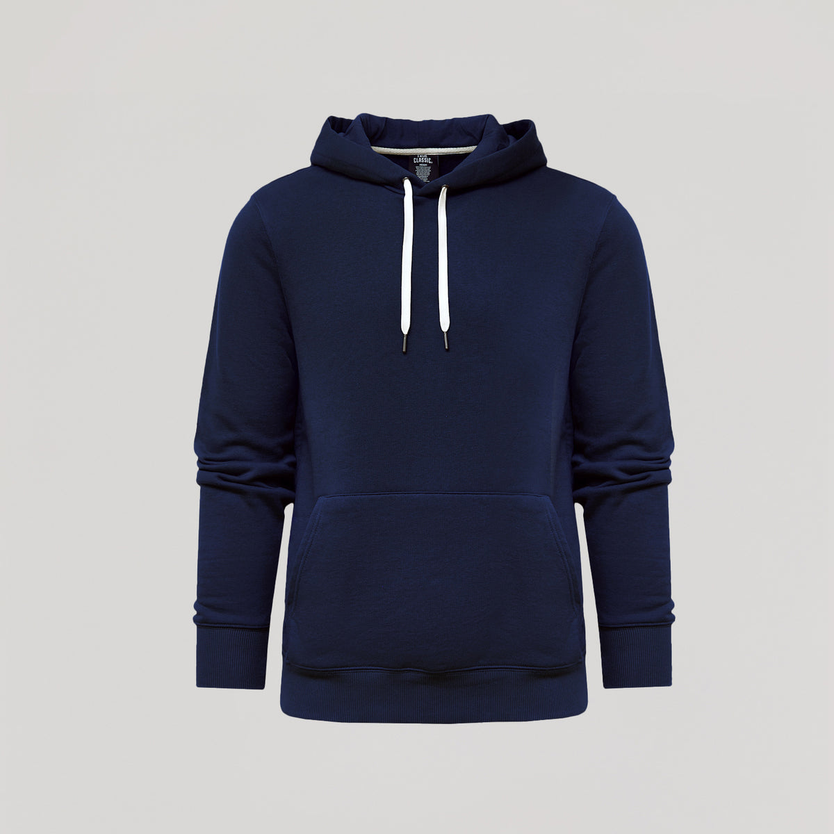 Navy Fleece French Terry Pullover Hoodie with kangaroo pocket and white drawstrings.