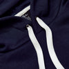 Navy Fleece French Terry Pullover Hoodie, white drawcords, metal eyelets.