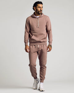 True ClassicMan wearing Slate Mauve Fleece French Terry Pullover Hoodie and joggers.