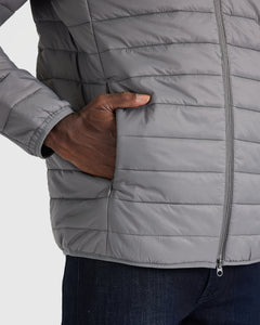 True ClassicGunmetal Puffer Jacket with quilted design and zippered pockets.