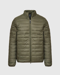 True ClassicMilitary Green Puffer Jacket with horizontal baffles, high collar, full zipper.