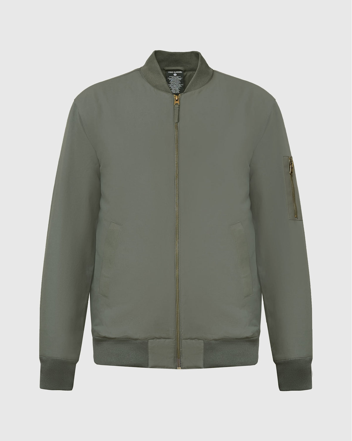 Carbon Bomber Jacket with ribbed collar, orange lining, and brass zippers.
