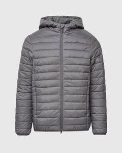 True ClassicGunmetal Hooded Puffer Jacket with zipper, hood, and side pockets.