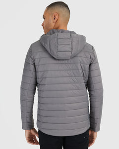 True ClassicGunmetal Hooded Puffer Jacket with quilted design and attached hood.