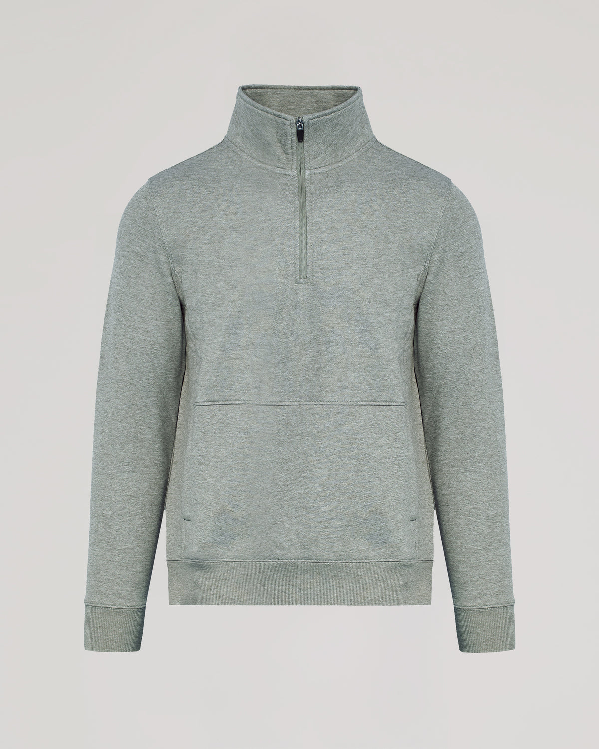 Dark Heather Gray Half Zip Fleece Sweatshirt with stand-up collar and kangaroo pocket.