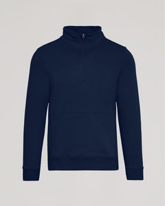 True ClassicNavy Half Zip Fleece Sweatshirt with stand-up collar and kangaroo pocket.