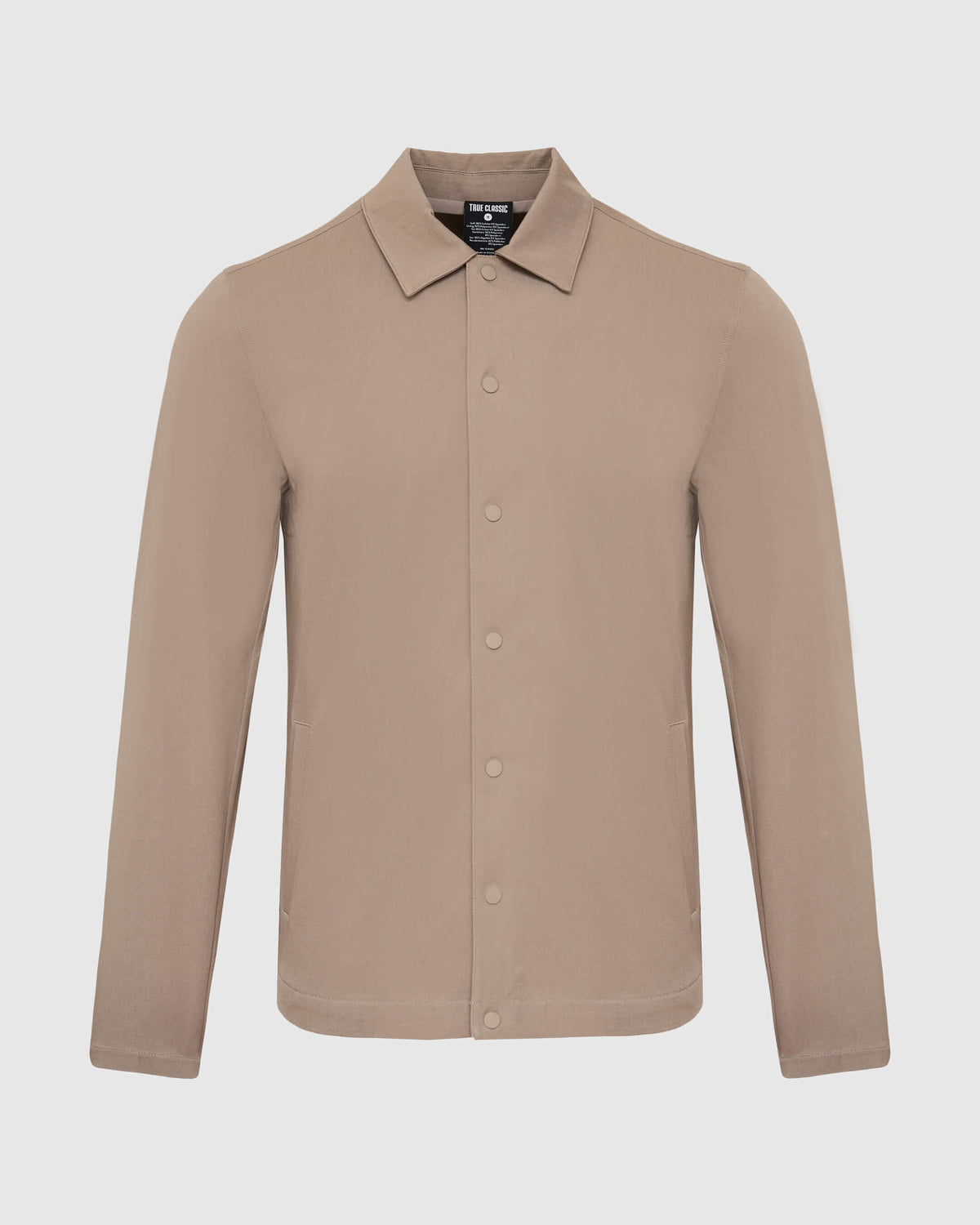 Khaki Coaches Jacket, lightweight, snap-button closure, side pockets, minimal design.