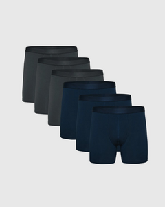 True ClassicCarbon & Navy Boxer Briefs 6-Pack arranged in staggered rows.