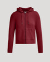 Womens Dark Maroon Crop Zip Hoodie with drawstrings and kangaroo pocket.