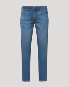True ClassicMedium Indigo Wash Slim Comfort Stretch Jeans with five pockets and tapered legs.