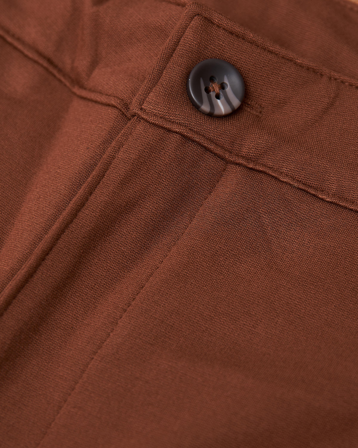Suede Brown Slim Comfort Knit Chino Pant waistband with button detail.